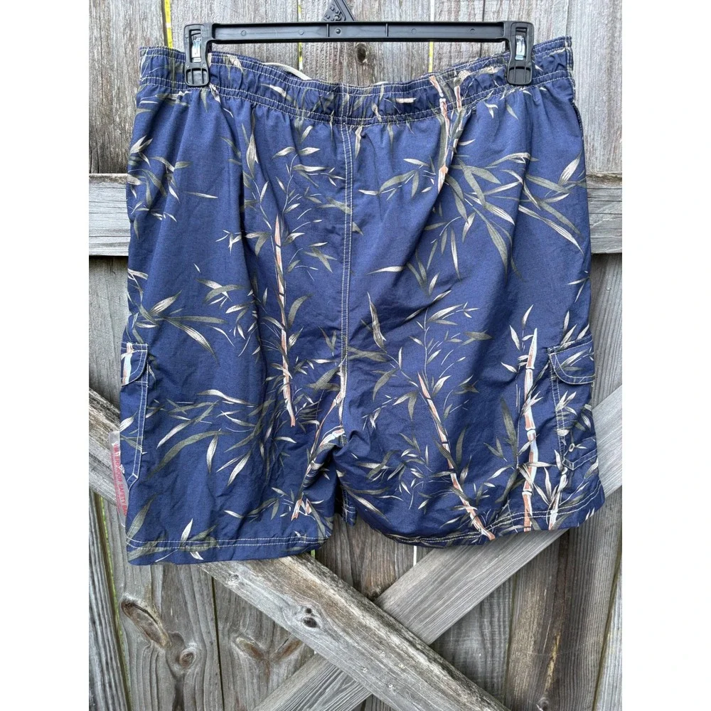 Caribbean Joe Mens Navy Bamboo Leaf Print Swim Trunks XXL Cargo Shorts NWT